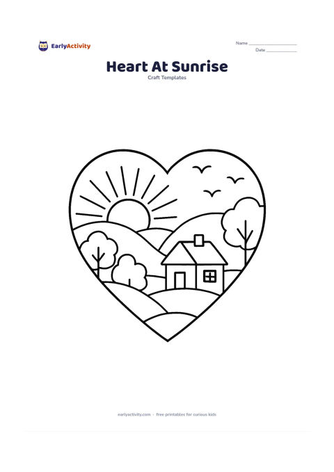 Worksheet: Draw a large heart-shaped frame containing a sunrise over rounded hills, a small house with a sloping roof, trees and birds in the sky. Use an empty central area within the scene for…