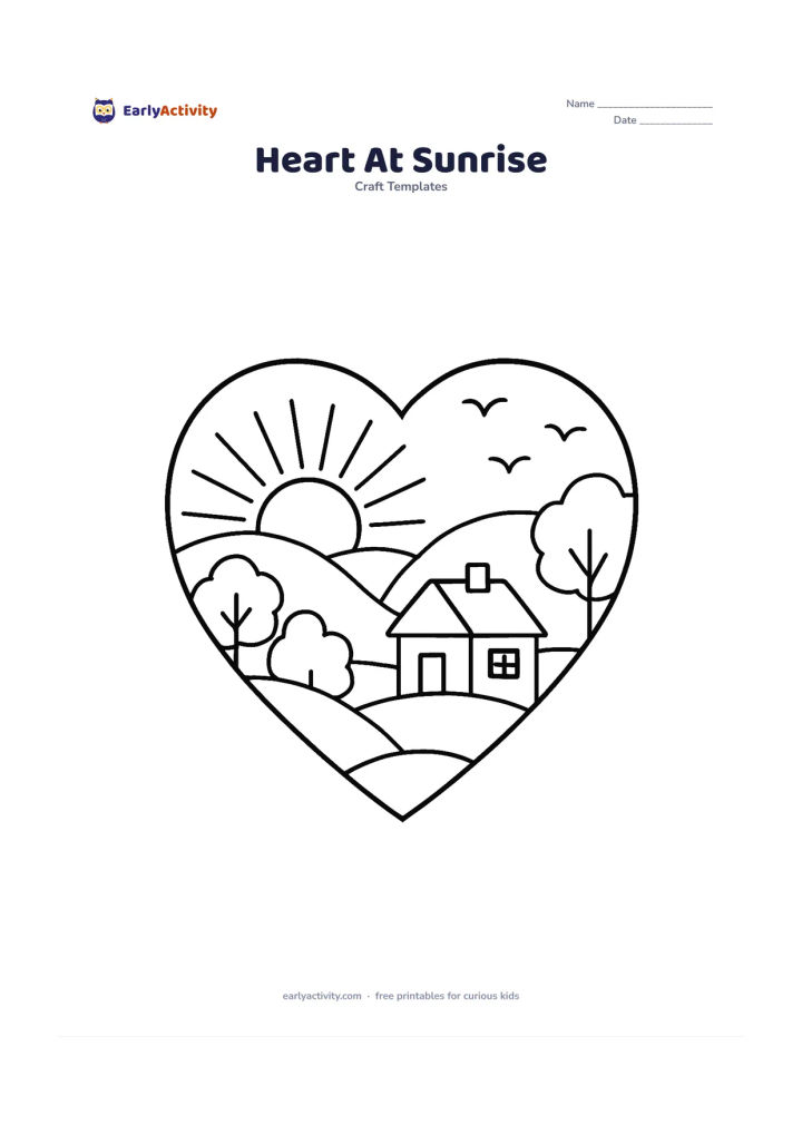 Worksheet: Draw a large heart-shaped frame containing a sunrise over rounded hills, a small house with a sloping roof, trees and birds in the sky. Use an empty central area within the scene for…