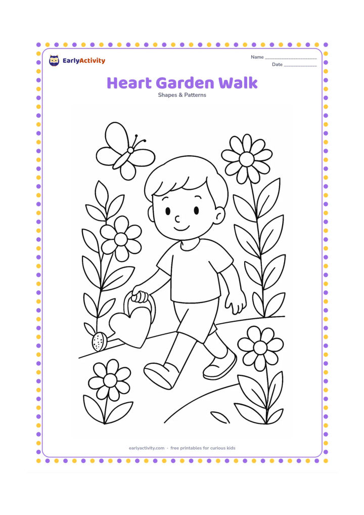 Colouring page: A child walks along a garden path carrying a heart-shaped watering can, with large flowers, leaves, and a butterfly around the path.