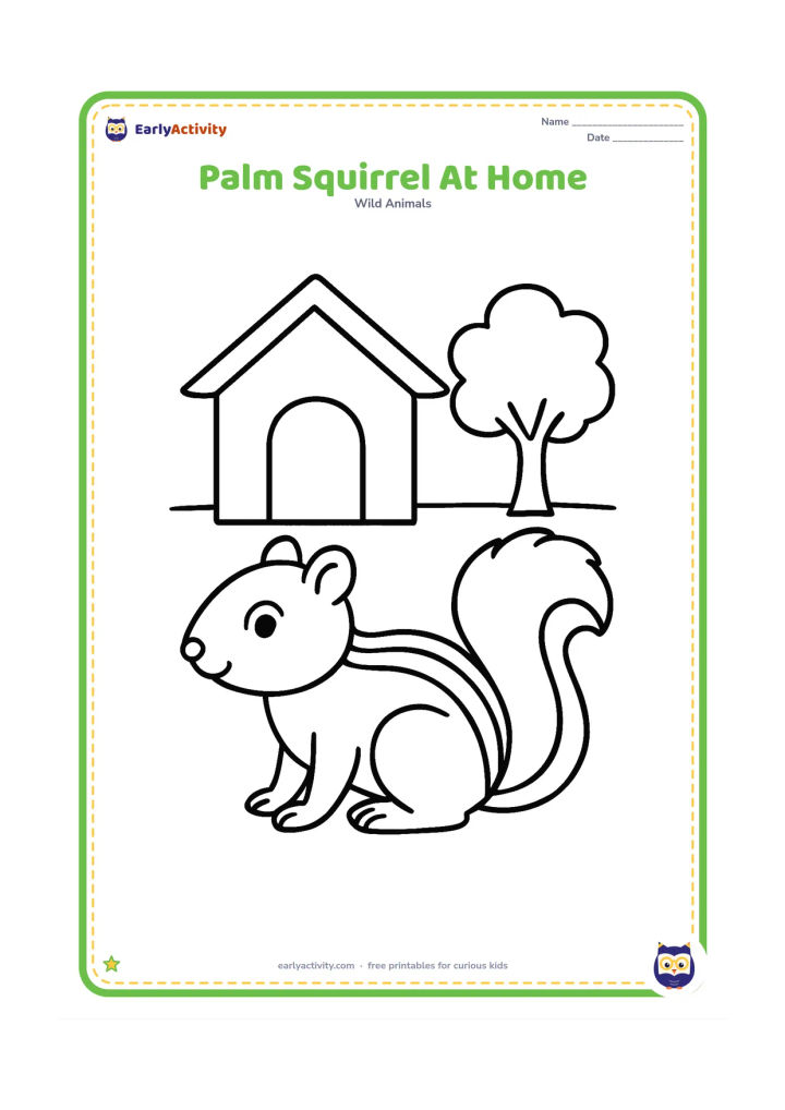 Colouring page: Draw an Indian palm squirrel standing near a simple house doorway and a small tree, with three clear pale back stripes and a bushy tail.