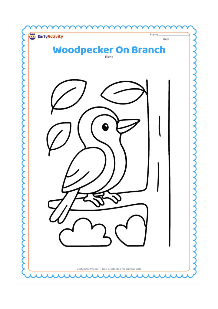 Colouring page: A cheerful woodpecker perches on a low branch facing right. Surround it with three large leaves, a simple tree trunk and a few rounded woodland plants.