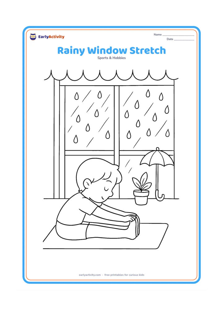 Colouring page: A child performs a seated forward stretch on a mat beside a large window during monsoon weather. Add raindrops on the glass, a covered veranda, a small umbrella and a potted plant.