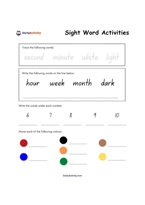 Worksheet with sight word tracing and writing tasks, numbers 6 to 10, and coloured circles to name.
