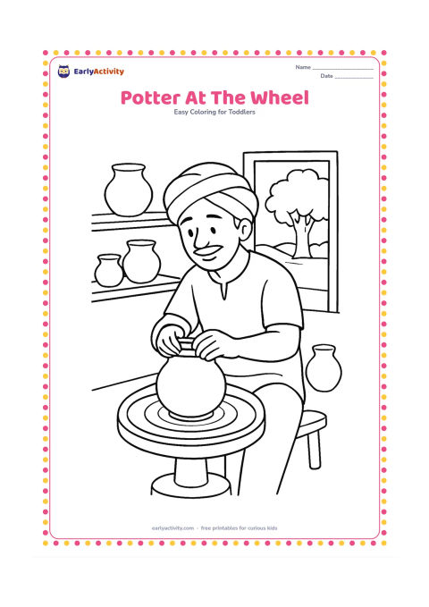 Colouring page: Draw an Indian potter shaping a round clay pot on a wheel, with several finished pots, a simple shelf and an open workshop doorway showing a tree outside.