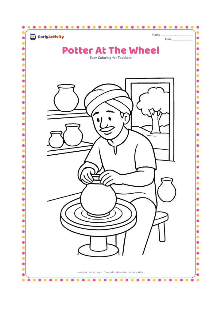 Colouring page: Draw an Indian potter shaping a round clay pot on a wheel, with several finished pots, a simple shelf and an open workshop doorway showing a tree outside.