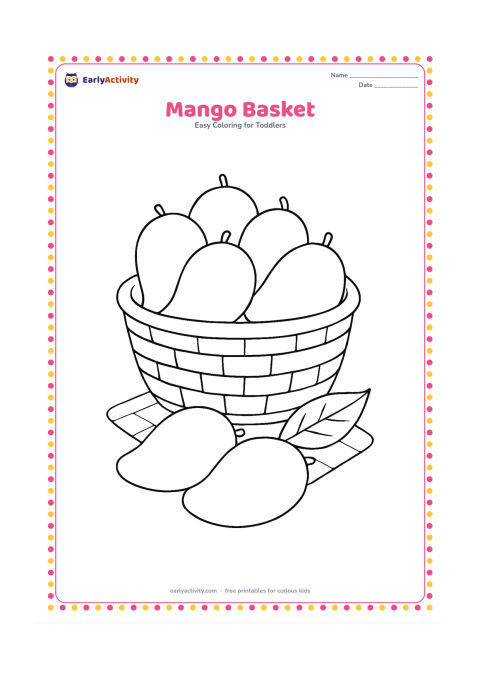Colouring page: A woven basket holds several large mangoes, with two mangoes resting beside it. Include a simple floor mat underneath and one broad leaf near the basket.