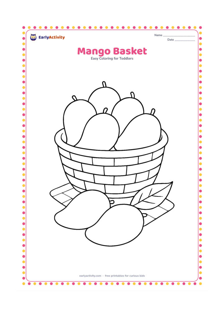 Colouring page: A woven basket holds several large mangoes, with two mangoes resting beside it. Include a simple floor mat underneath and one broad leaf near the basket.