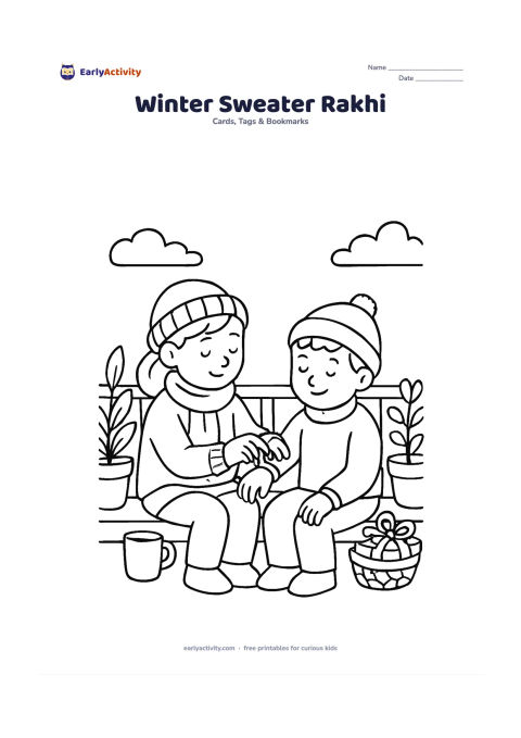 Worksheet: Show two siblings sitting together on a cool morning balcony, one tying a rakhi over the other's sweater sleeve while a small gift basket rests nearby; include potted plants, a mug, and…
