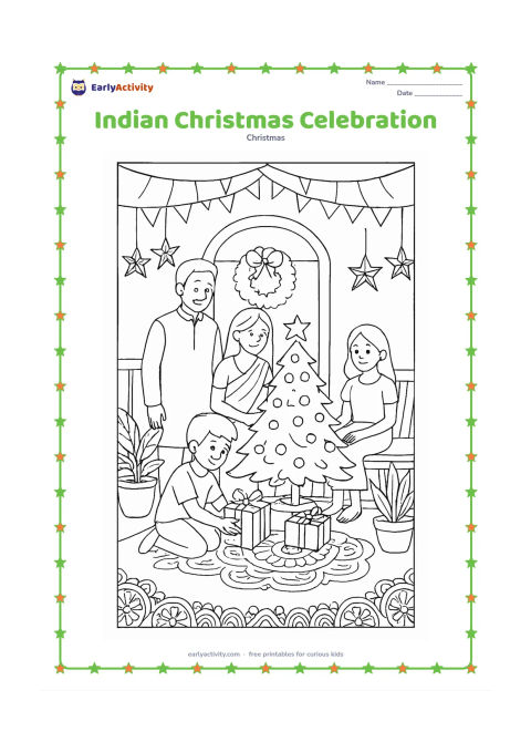 Colouring page: A family celebrates Christmas on a decorated veranda with a small tree, star lanterns, a wreath, wrapped gifts, potted tropical plants and a rangoli-inspired border on the floor. Include…