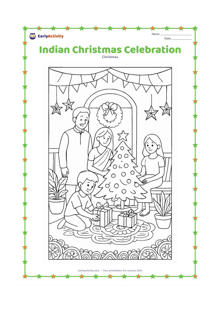Colouring page: A family celebrates Christmas on a decorated veranda with a small tree, star lanterns, a wreath, wrapped gifts, potted tropical plants and a rangoli-inspired border on the floor. Include…