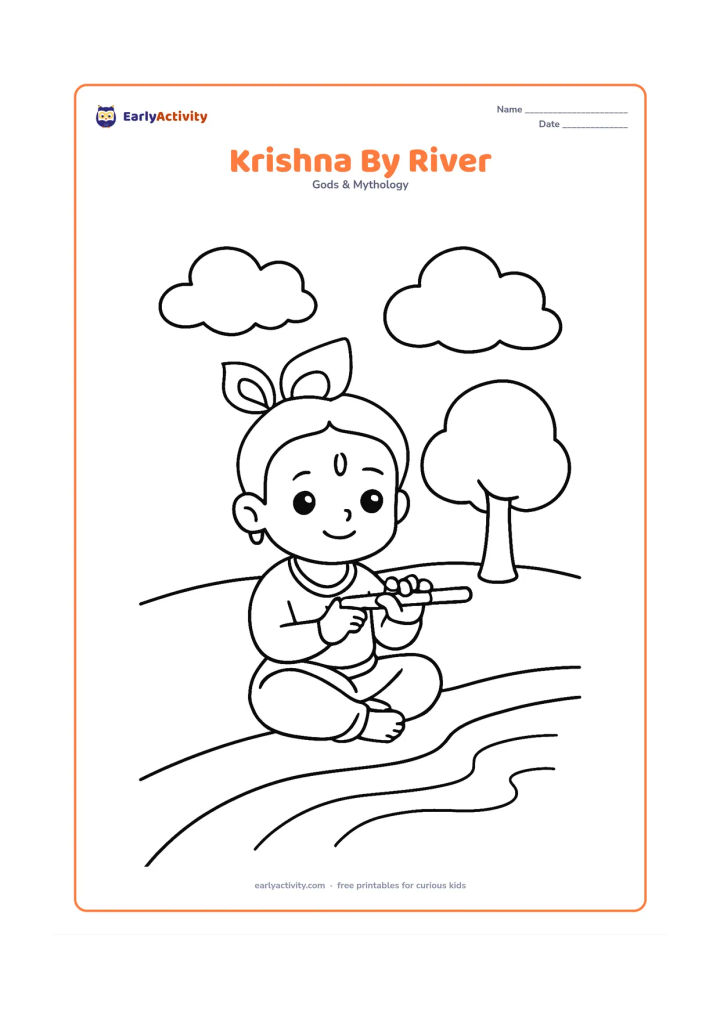 Colouring page: Baby Krishna sits on a riverbank holding his flute, with a rounded tree, two clouds and a few large ripples in the water. Keep the landscape uncluttered and peaceful.