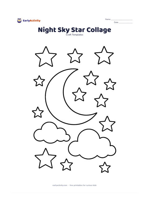 Worksheet: Place several blank star templates of different sizes around a large crescent moon and two soft clouds, creating an open night-sky collage page. Keep every star clearly separated for…