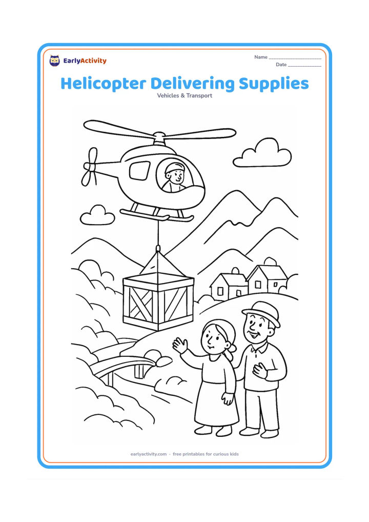 Colouring page: Draw a helicopter lowering a large plain crate by cable to a small mountain settlement. Show two villagers receiving it, a simple footbridge, rocky slopes and clouds.