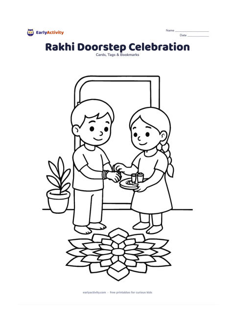 Worksheet: Show two children at the entrance of an Indian home, one tying a rakhi while the other holds a small gift tray; include a simple doorway, potted plant, and rangoli made only from…