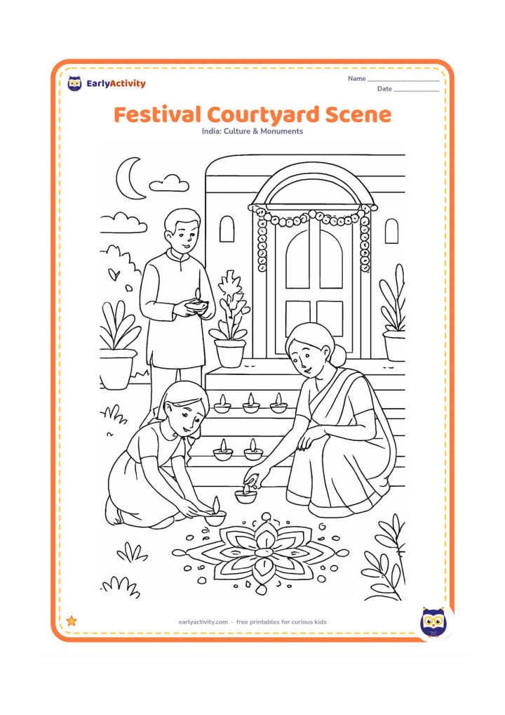 Colouring page: A decorated Indian courtyard at evening shows a family placing a row of diyas along the steps, with a doorway, flower garland, rangoli and potted plants.