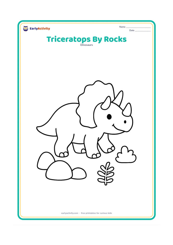 Colouring page: A smiling triceratops walking past three large rounded rocks, with a small fern and low bush nearby. Show the whole dinosaur in a clear side view.