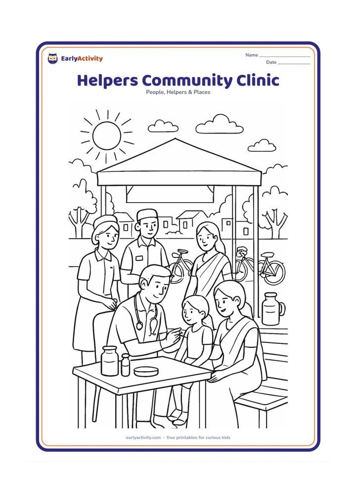 Colouring page: A doctor, nurse and health worker help several families at an outdoor community clinic under a shaded canopy. Show a vaccination table with plain containers, a waiting bench, a water…