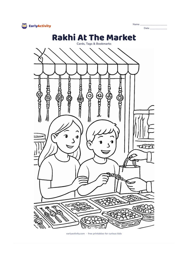 Worksheet: Show siblings choosing a rakhi at a colourful Indian market stall, with rows of different thread designs, bead trays, fabric awnings, baskets, and a vendor's hands offering a gift bag.…