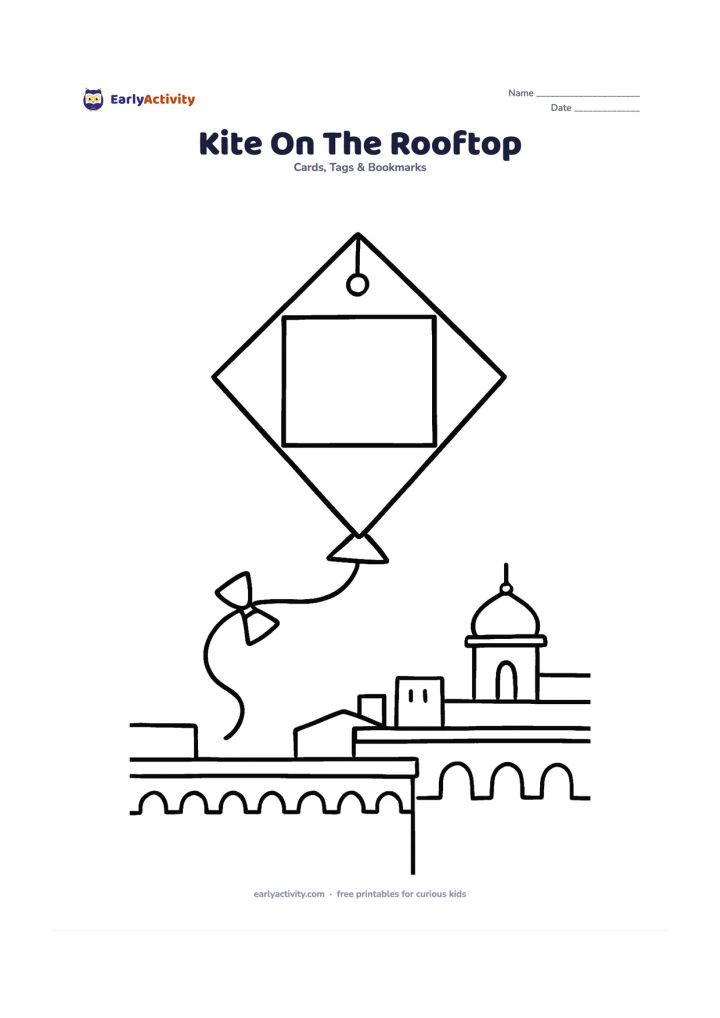 Worksheet: Draw a diamond-shaped kite gift tag flying above an Indian rooftop, with a curved tail, two bows, a low parapet and distant simple rooftops. Place a large blank panel inside the kite and…