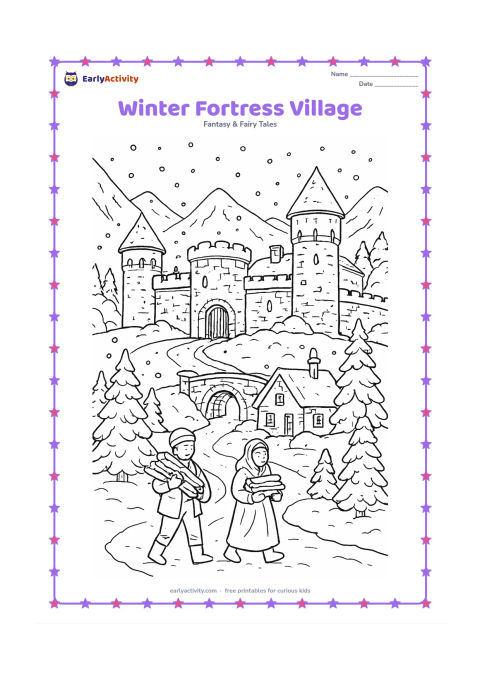 Colouring page: Draw a snow-covered stone fortress above a small village, with a gatehouse, towers, a bridge, smoke-free chimneys, villagers carrying firewood, and an evergreen-lined path. Add layered…