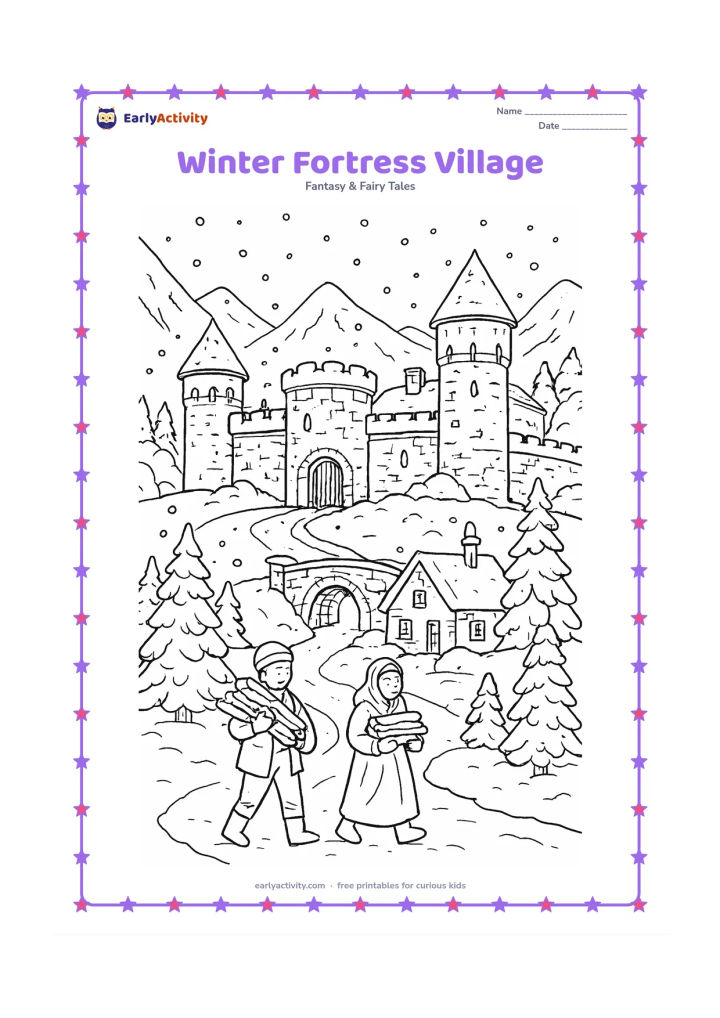 Colouring page: Draw a snow-covered stone fortress above a small village, with a gatehouse, towers, a bridge, smoke-free chimneys, villagers carrying firewood, and an evergreen-lined path. Add layered…