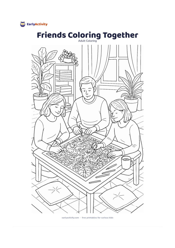 Colouring page: Draw three adults seated around a low table, colouring a large floral page with pencils and cups nearby. Set the scene in a bright home studio with plants, shelves of blank paper, a…