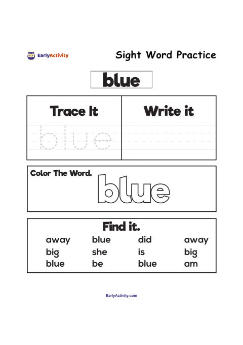 Worksheet for practising the sight word “blue” with tracing, writing, colouring and word-finding activities.