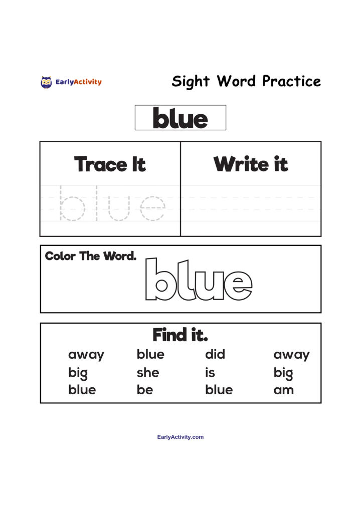 Worksheet for practising the sight word “blue” with tracing, writing, colouring and word-finding activities.