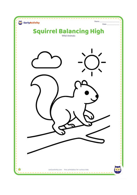 Colouring page: Draw a squirrel walking along one broad branch with its tail raised for balance. Include one cloud and a simple sun in the background.