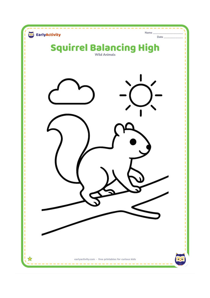 Colouring page: Draw a squirrel walking along one broad branch with its tail raised for balance. Include one cloud and a simple sun in the background.