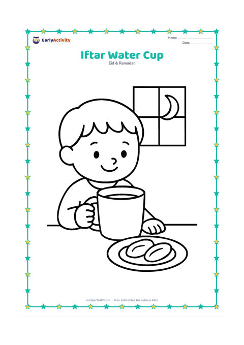 Colouring page: Draw a child holding a large cup of water beside a plate with three dates. Add a simple table edge and a crescent moon visible through a window.