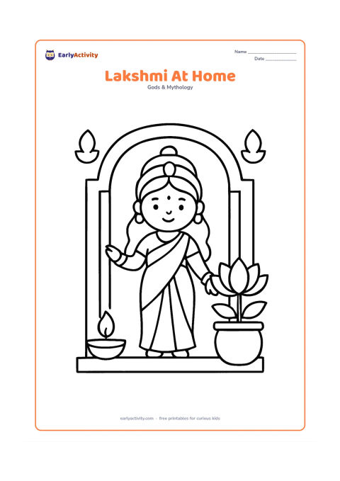 Colouring page: Draw Goddess Lakshmi standing inside a simple Indian home doorway beside one diya and a large potted lotus plant. Include a plain threshold and two broad decorative shapes on the wall.