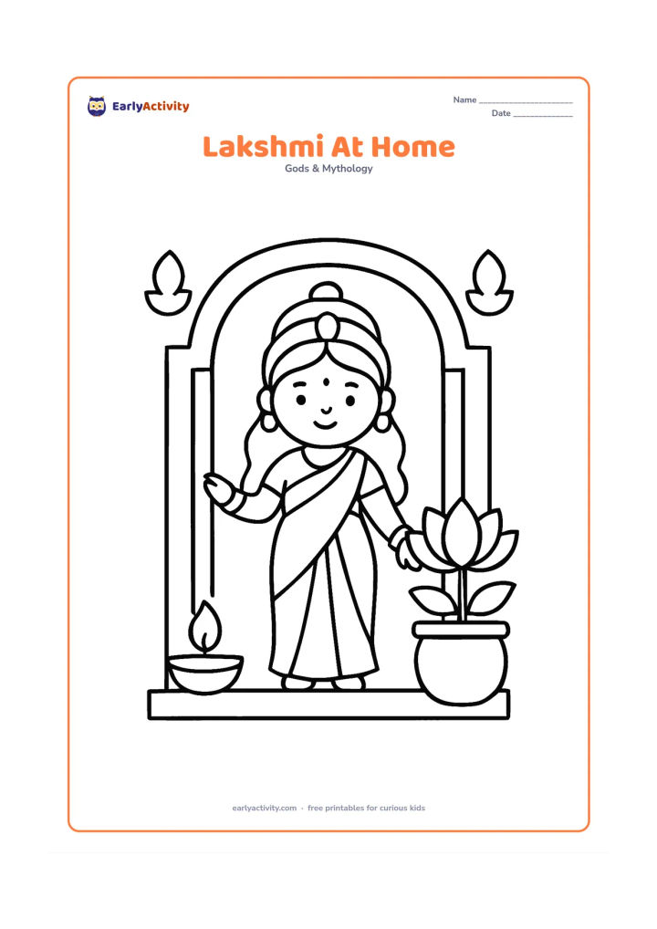 Colouring page: Draw Goddess Lakshmi standing inside a simple Indian home doorway beside one diya and a large potted lotus plant. Include a plain threshold and two broad decorative shapes on the wall.