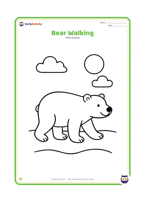 Colouring page: A polar bear walks from left to right across simple snow, with four clearly visible paws, a round sun and two soft clouds in the sky.
