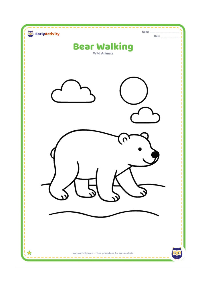 Colouring page: A polar bear walks from left to right across simple snow, with four clearly visible paws, a round sun and two soft clouds in the sky.