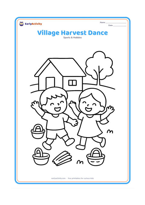 Colouring page: Draw two children dancing side by side outside a small village house, each holding one arm up. Add a few baskets, a hay bundle and a simple tree to suggest harvest time.