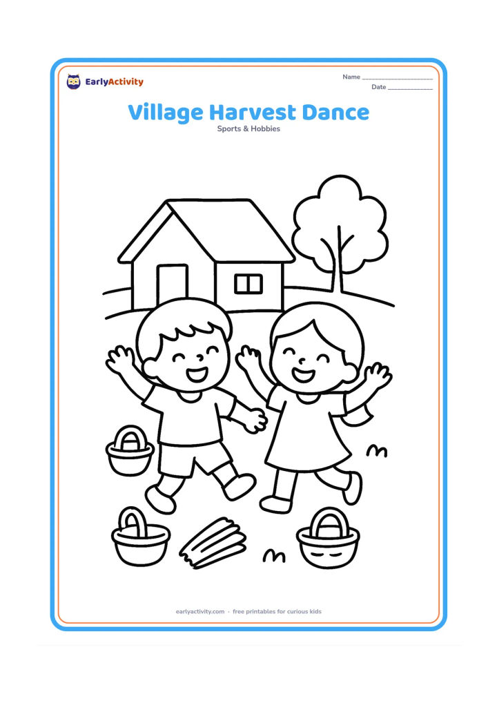 Colouring page: Draw two children dancing side by side outside a small village house, each holding one arm up. Add a few baskets, a hay bundle and a simple tree to suggest harvest time.