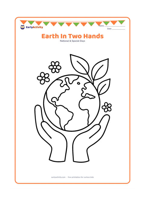 Colouring page: Draw a large plain Earth resting in two open hands, with three broad leaves and a few small flowers around it. Show simple land and water shapes without any markings.