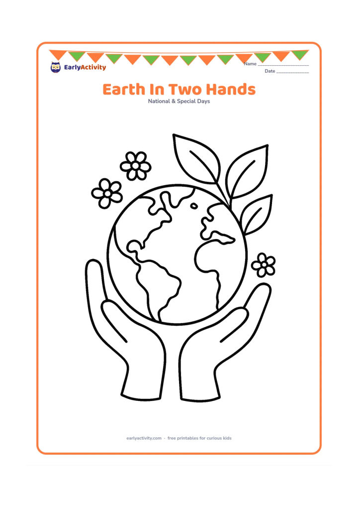 Colouring page: Draw a large plain Earth resting in two open hands, with three broad leaves and a few small flowers around it. Show simple land and water shapes without any markings.