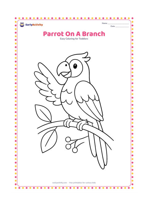 Colouring page: Draw a parrot perched on a curved tree branch, facing left with one raised wing and a long tail. Add two broad leaves and a few simple berries around the branch.