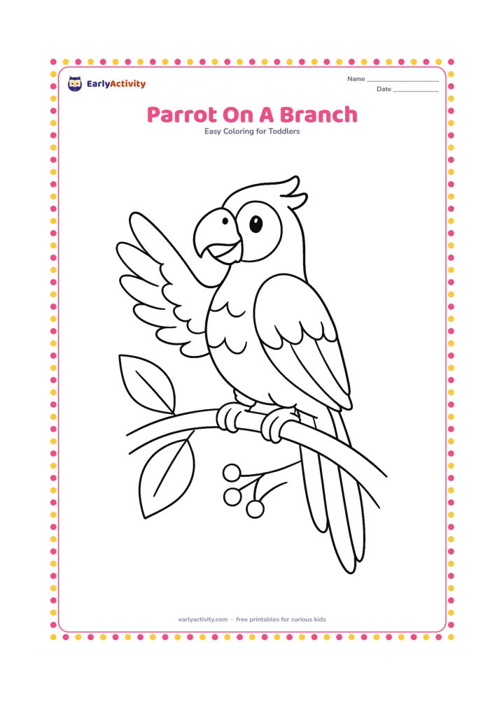 Colouring page: Draw a parrot perched on a curved tree branch, facing left with one raised wing and a long tail. Add two broad leaves and a few simple berries around the branch.
