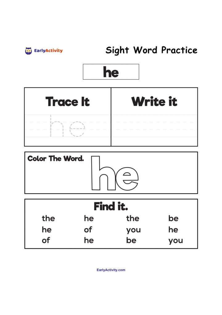 Worksheet for practising the sight word “he” with tracing, writing, colouring, and finding activities.