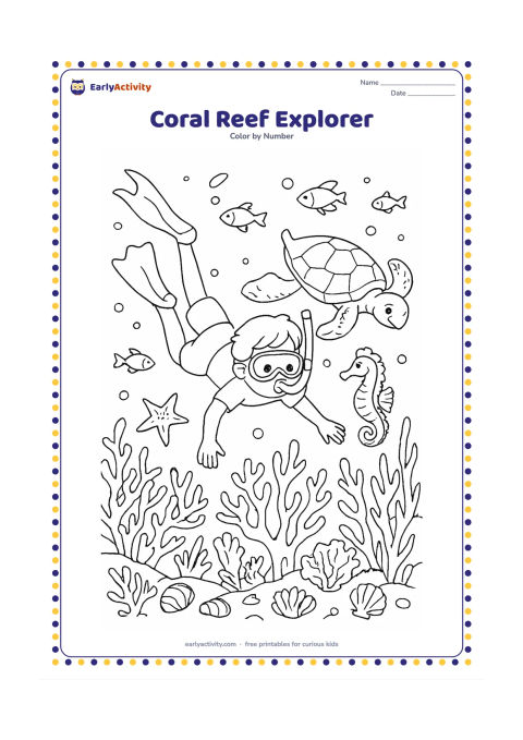 Colouring page: Draw a child snorkelling above a coral reef with a sea turtle, seahorse, starfish, and several small fish. Fill the seabed with branching coral, sea fans, shells, and waving sea plants.