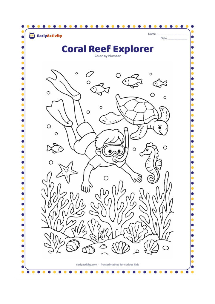 Colouring page: Draw a child snorkelling above a coral reef with a sea turtle, seahorse, starfish, and several small fish. Fill the seabed with branching coral, sea fans, shells, and waving sea plants.