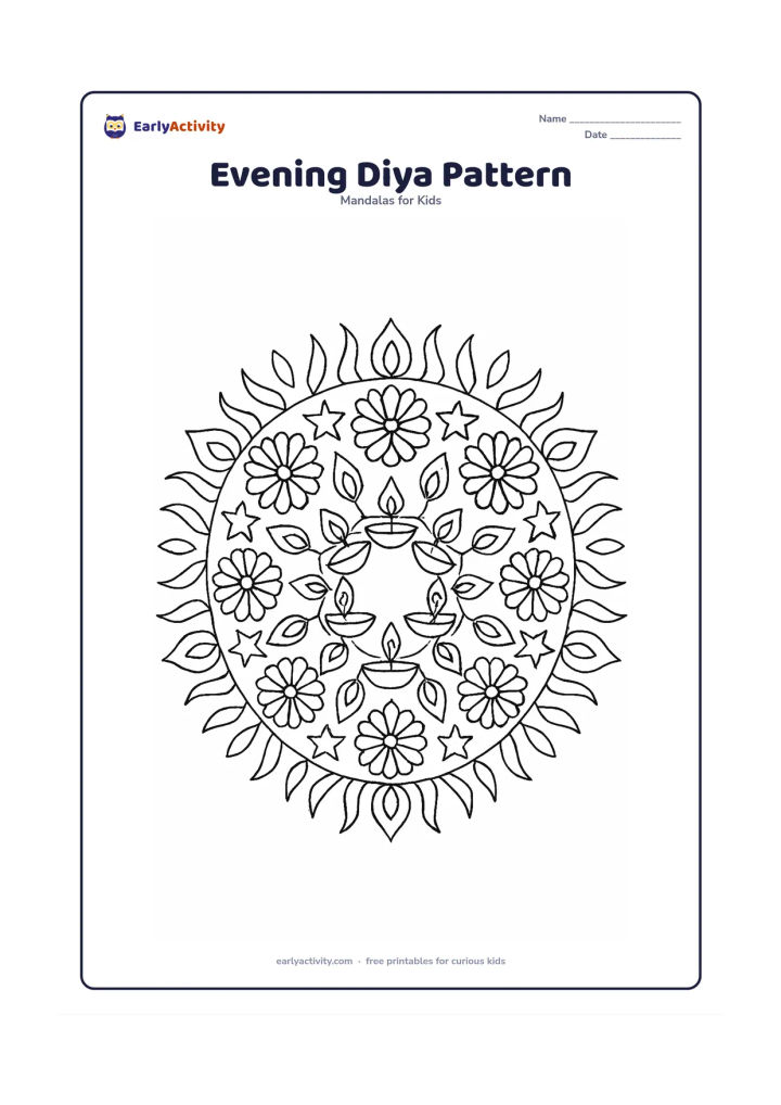 Colouring page: A detailed circular mandala with a row of plain oil lamps forming the central ring, surrounded by repeated flames, marigold petals, leaves, stars and curved rays. Keep every lamp free of…