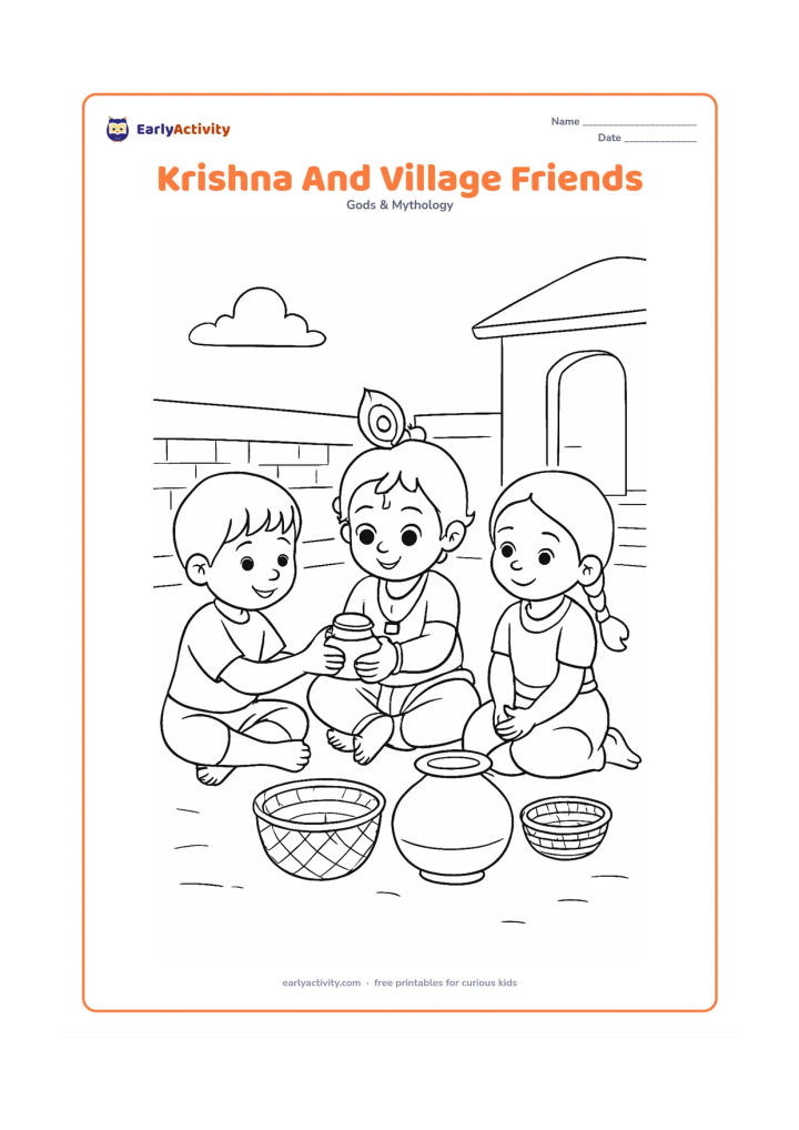 Colouring page: Baby Krishna sits with three young friends in a village courtyard, passing a small butter bowl while a matki and woven baskets sit nearby. Add a low wall and simple doorway behind them.