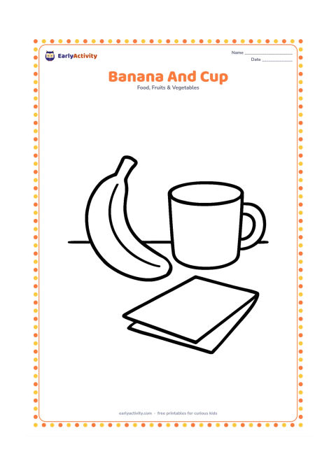 Colouring page: Draw one banana beside a simple drinking cup on a table. Add a small napkin as one large folded shape, without patterns or writing.
