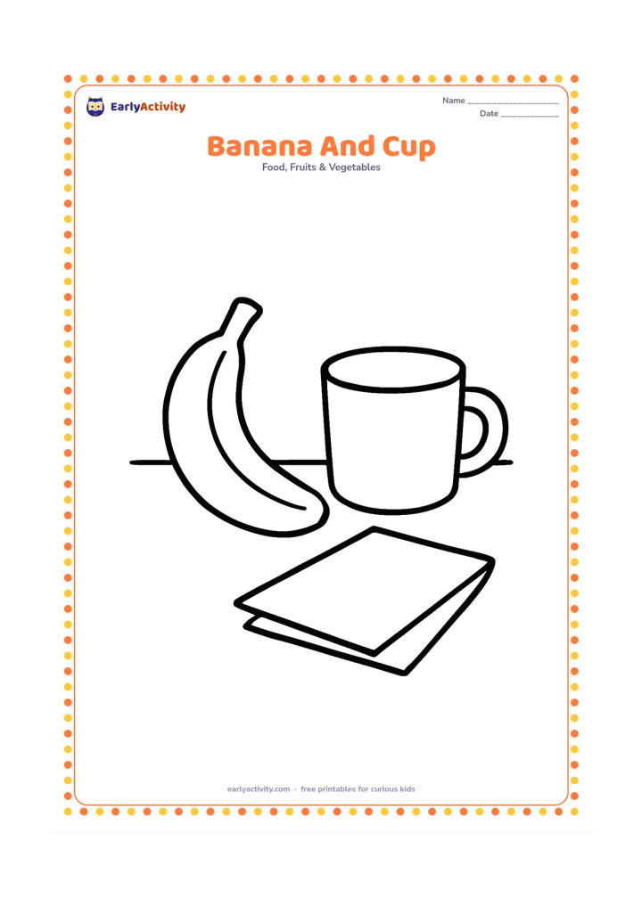 Colouring page: Draw one banana beside a simple drinking cup on a table. Add a small napkin as one large folded shape, without patterns or writing.