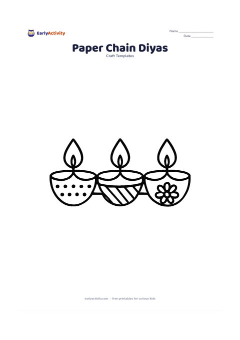 Worksheet: Three connected diya outlines form a horizontal paper chain, with each bowl decorated differently using dots, stripes, or simple petals.