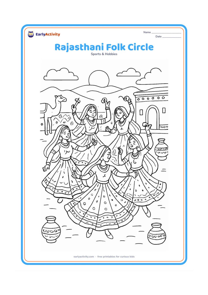 Colouring page: Draw five dancers moving in a circle during a Rajasthani-inspired folk dance, with swirling skirts, raised arms and small hand instruments. Set them in a desert village courtyard with…